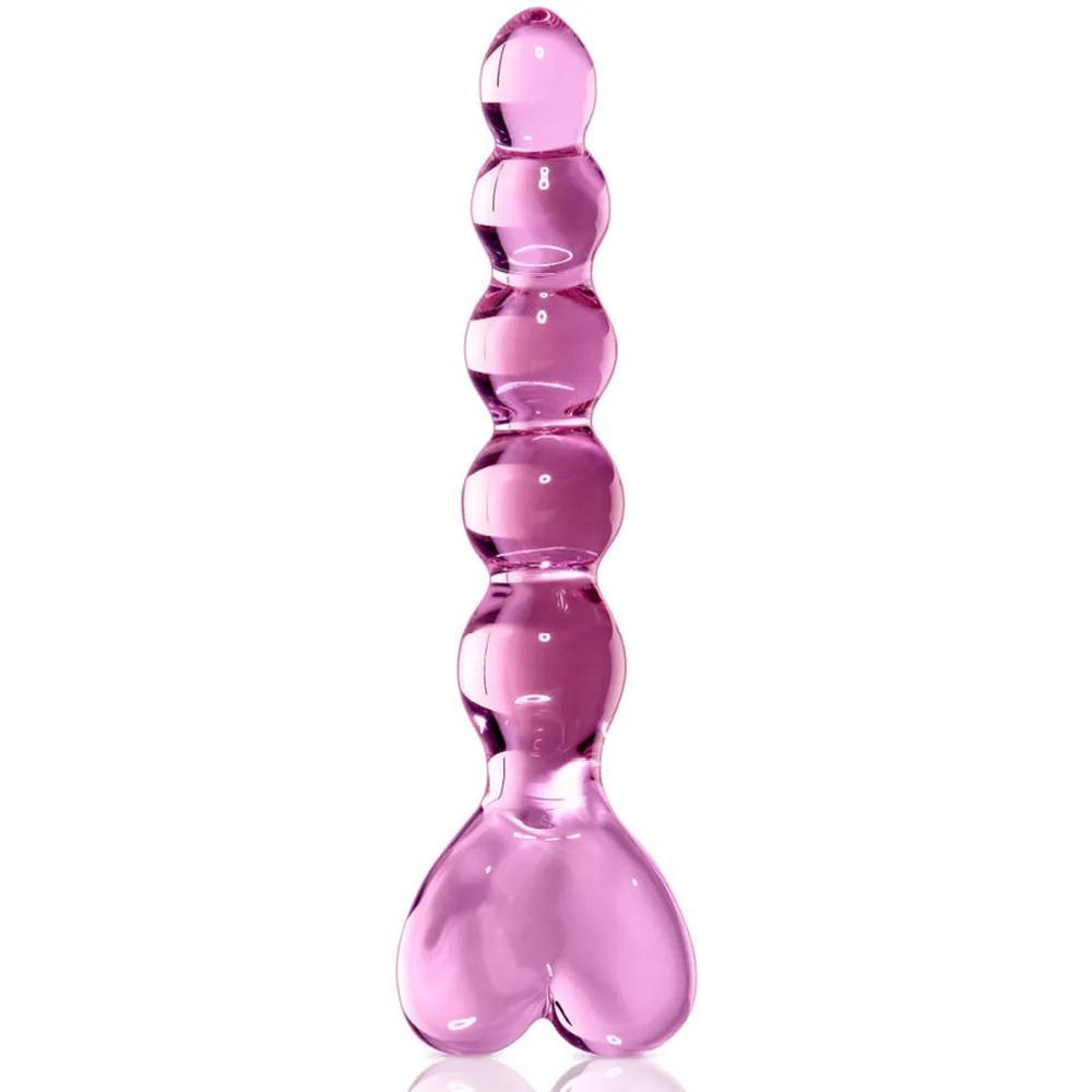Emballage du masseur en verre ICICLES n°43 rose, montrant la tige perlée en verre soufflé rose vif avec poignée en forme de cœur