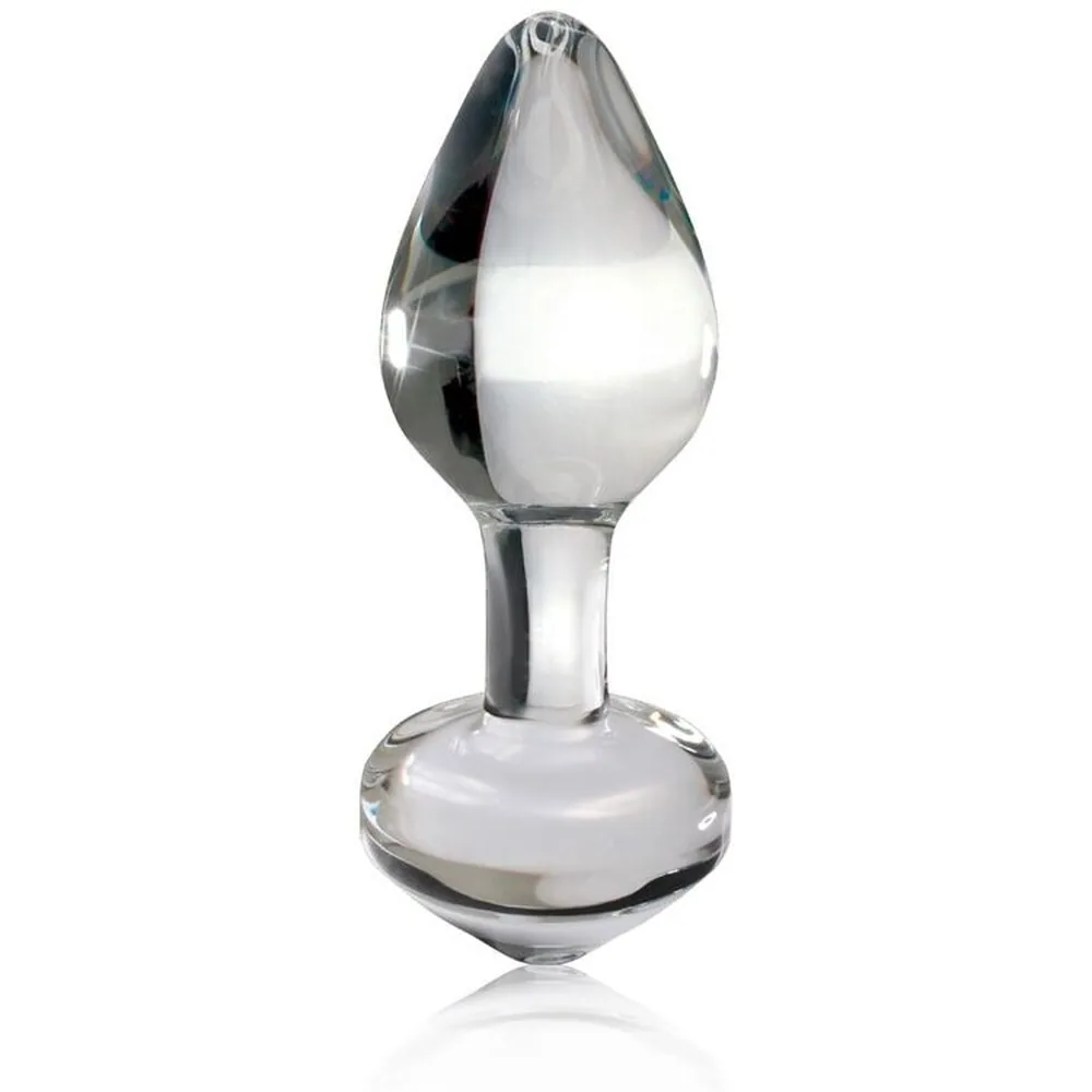 Plug anal en verre transparent de forme oblongue, avec un col étroit et une base évasée circulaire, sur fond blanc