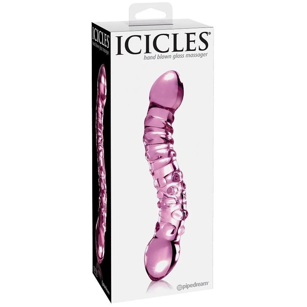 Emballage du masseur en verre rose translucide ICICLES n°55, montrant le produit à double extrémité avec tête bulbeuse et corps nervuré