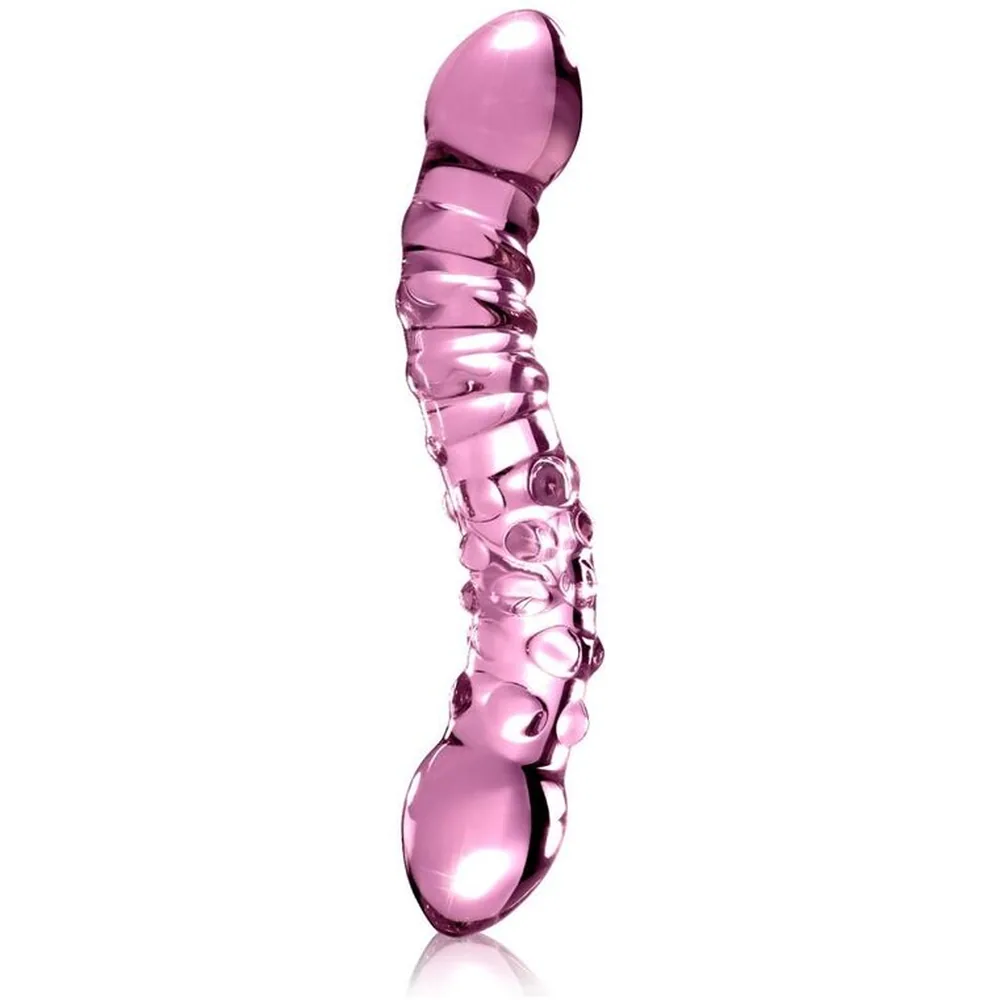 Emballage du masseur en verre rose translucide ICICLES n°55, montrant le produit à double extrémité avec tête bulbeuse et corps nervuré