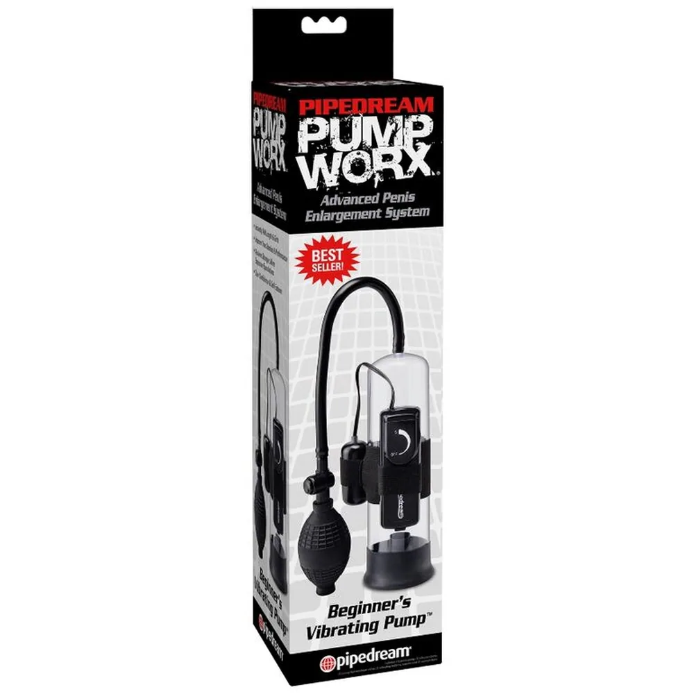 Emballage d'une pompe aspirante vibrante noire avec poire de commande et cylindre transparent, affichant des mentions "Pump Work" et "Beginner's Vibrating Pump"