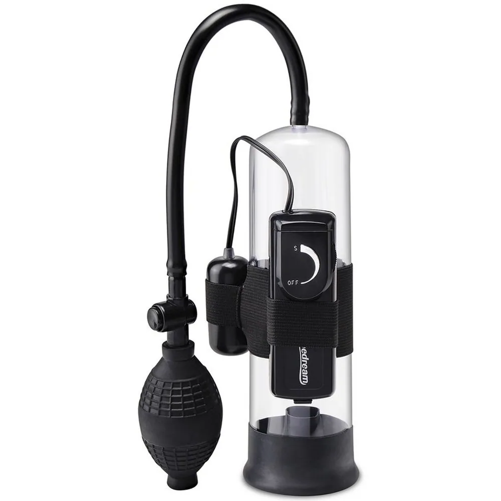 Emballage d'une pompe aspirante vibrante noire avec poire de commande et cylindre transparent, affichant des mentions "Pump Work" et "Beginner's Vibrating Pump"
