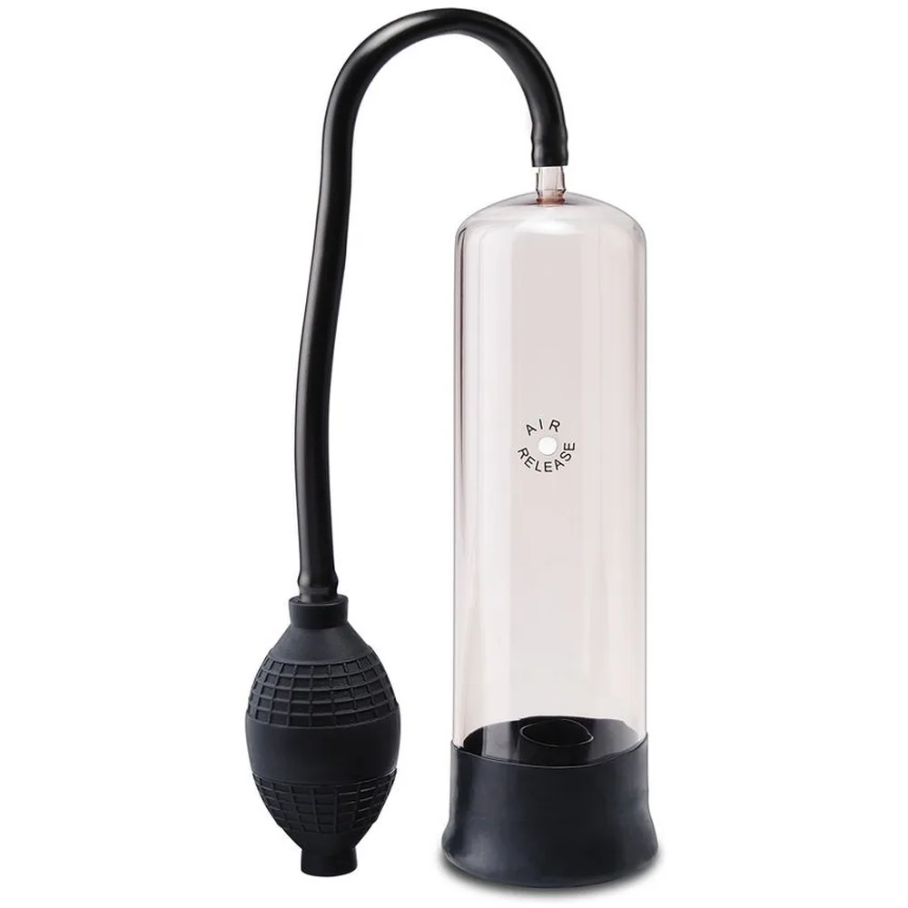 Boîtage noir du Pump Worx Rookie, affichant la pompe pénienne transparent avec poire de commande noire et anneau inclus