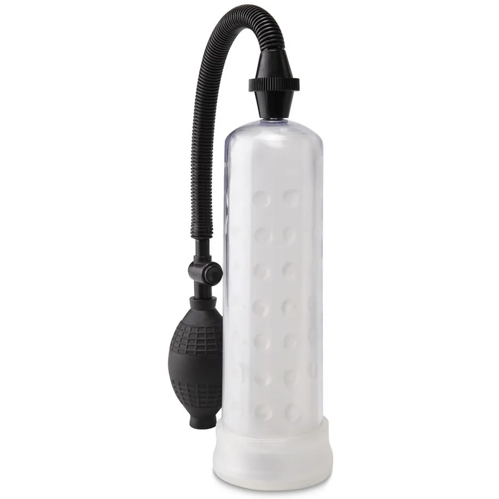 Emballage de la Silicone Power Pump Pipedream Pump Worx, pompe transparente avec tube et poire noire en silicone, présentée en boîte noire et blanche