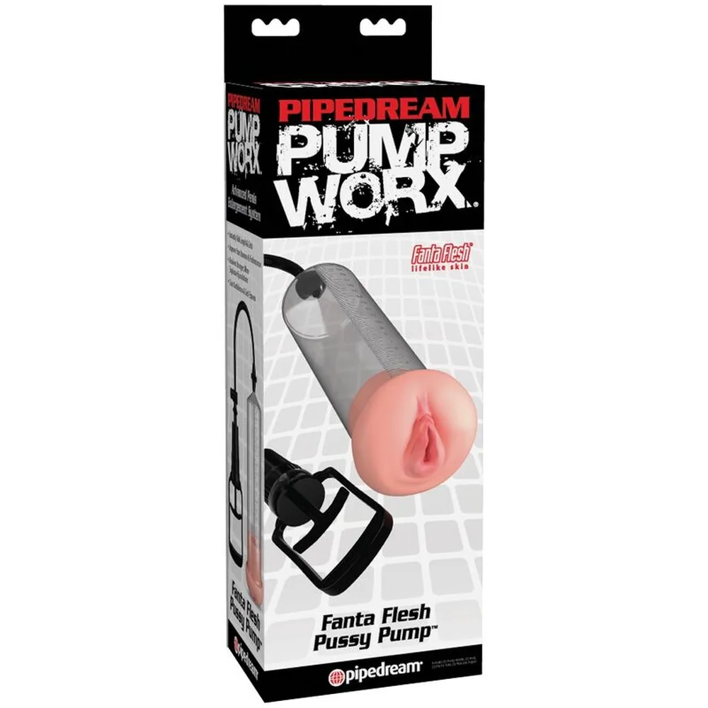 Pompe à pénis avec cylindre transparent rempli de liquide rose et joint d'étanchéité en forme de vulve, tube flexible noir et poignée noire