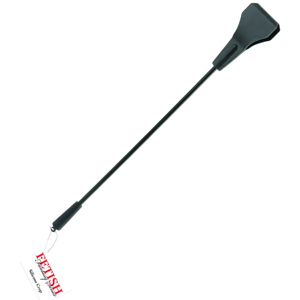 Cravache en silicone gris anthracite avec tête plate et large, manche long et fin, embout arrondi à l'extrémité, fond blanc