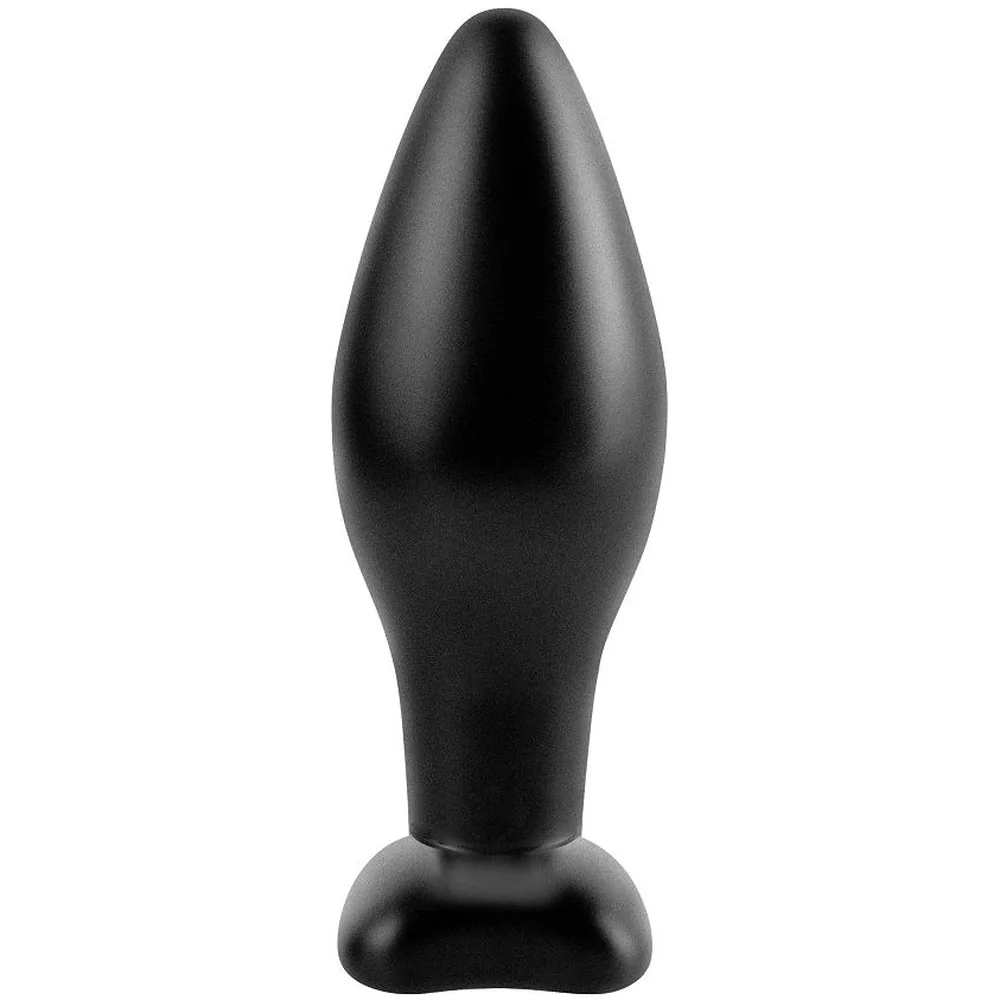 Emballage d'un bouchon anal en silicone noir de taille moyenne, de forme fuselée avec base plate, dimensions indiquées sur la boîte grise et blanche