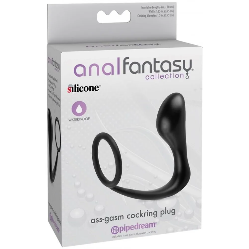 Anneau pénis en silicone noir extensible avec loop d'ajustement, prolongé d'un plug anal bulbeux, sur fond blanc