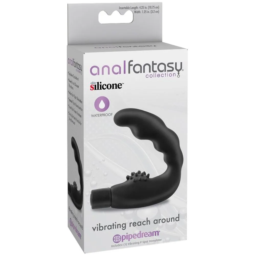 Stimulateur de prostate noir en silicone, courbé en U, avec picots texturés sur la branche inférieure et connecteur de charge à l'extrémité, sur fond blanc