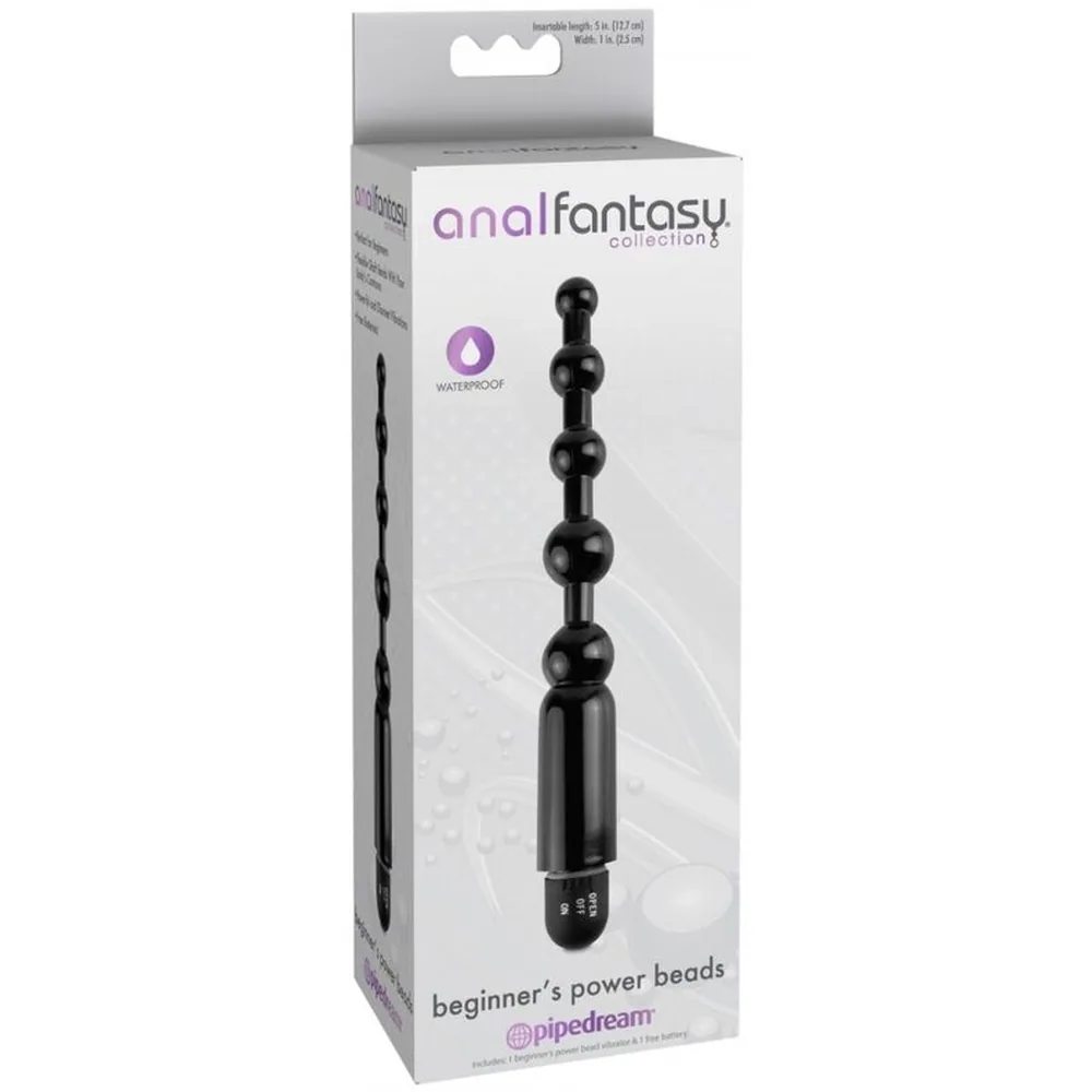 Chaîne de perles anales noire en silicone avec tige graduée de cinq sphères et base cylindrique, bouton de commande de vibration visible en bas