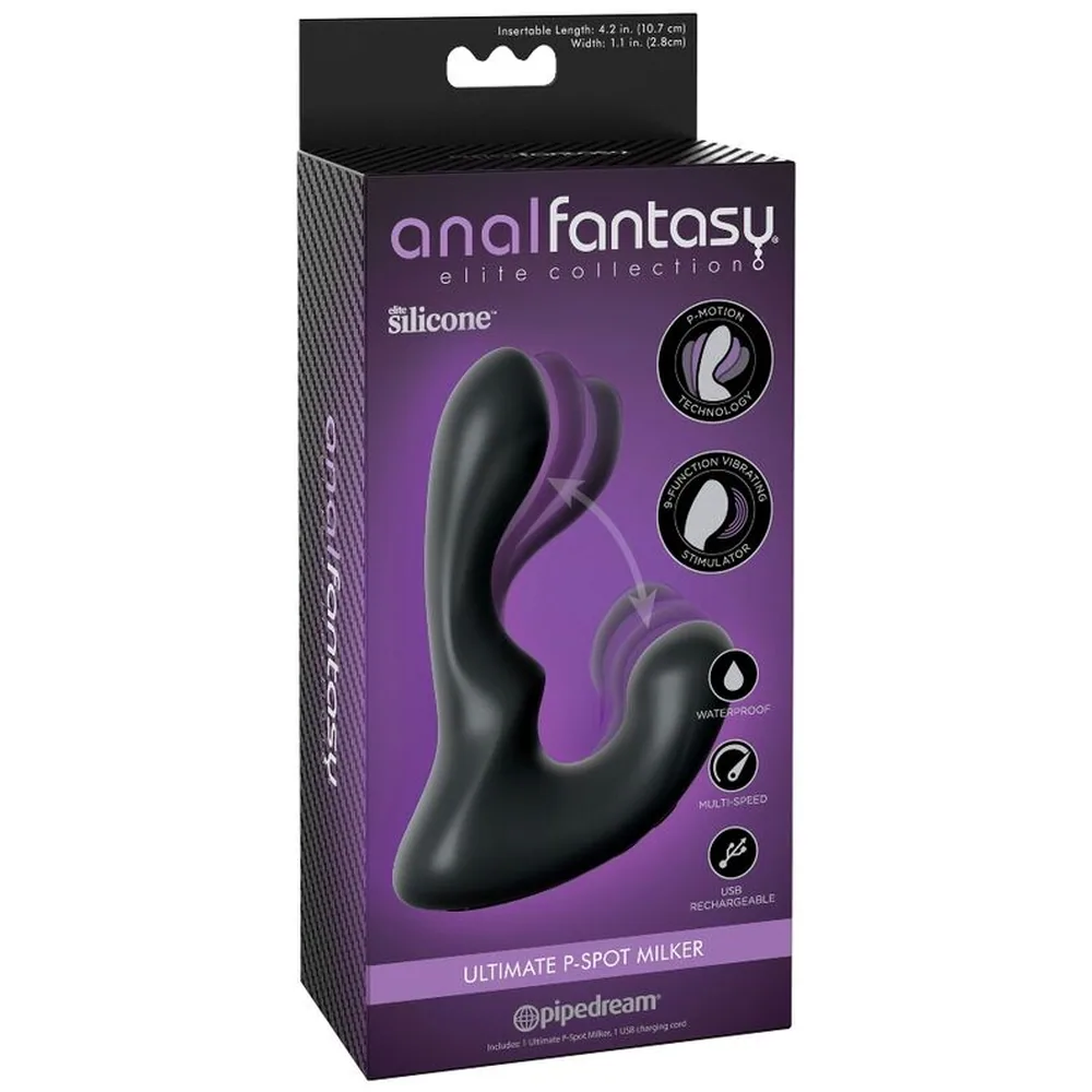 Emballage du stimulateur de prostate Ultimate P-Spot Milker, noir et violet, avec le produit visible à travers la fenêtre de l'boîte de présentation