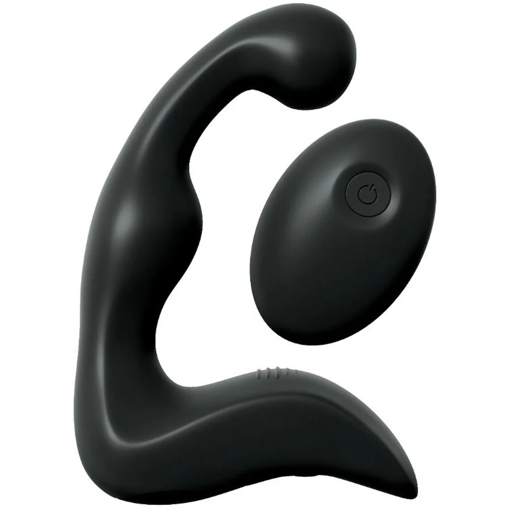 Emballage du stimulateur anal Anal Fantasy Elite Collection Remote Control P-Spot Pro en silicone noir, avec télécommande, présenté sur fond violet