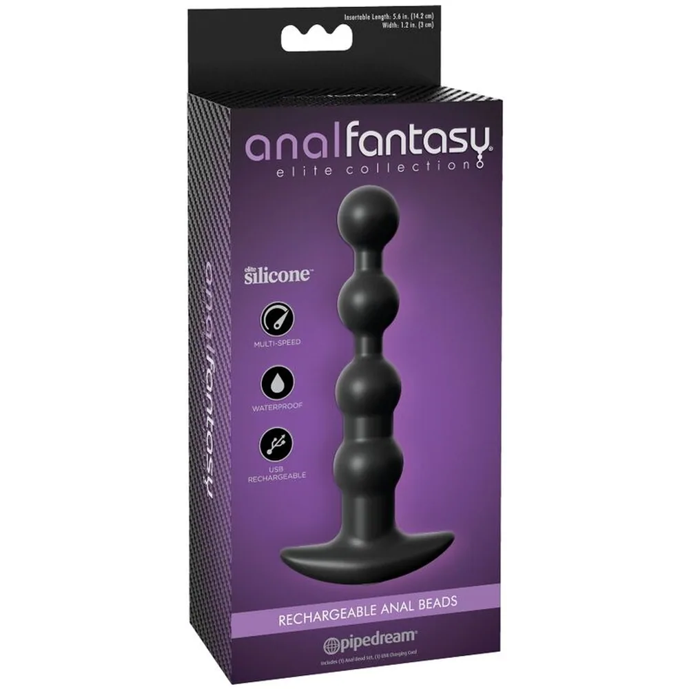 Emballage de perles anales rechargeables en silicone noir, affichant le produit, avec base évasée et quatre perles graduées, sur fond violet dégradé