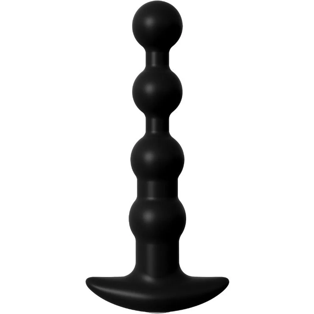 Emballage de perles anales rechargeables en silicone noir, affichant le produit, avec base évasée et quatre perles graduées, sur fond violet dégradé